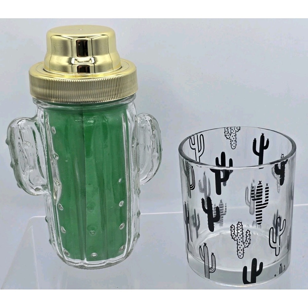 2 Lot‎ Glass Cocktail Shaker Cactus Shaped New + Cactus Cocktail Glass Used